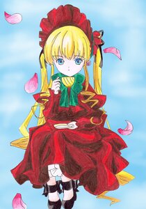 Rating: Safe Score: 0 Tags: 1girl bangs black_footwear blonde_hair blue_eyes bonnet boots bow bowtie dress flower full_body green_bow image long_hair long_sleeves looking_at_viewer petals red_dress rose shinku sitting solo traditional_media twintails User: admin