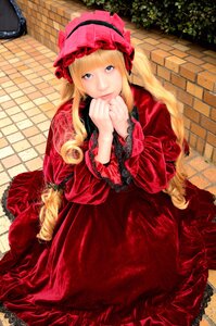 Rating: Safe Score: 0 Tags: 1girl blonde_hair blue_eyes bonnet brick_wall chain-link_fence dress frills hands_together lolita_fashion long_hair long_sleeves looking_at_viewer red_dress shinku smile solo tile_floor tiles User: admin