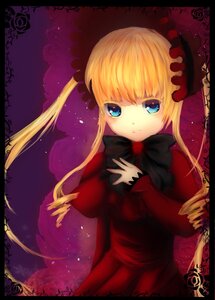 Rating: Safe Score: 0 Tags: 1girl black_border blonde_hair blue_eyes bonnet bow dress flower image letterboxed long_hair long_sleeves looking_at_viewer red_dress rose shinku solo twintails User: admin