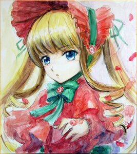 Rating: Safe Score: 0 Tags: 1girl blonde_hair blue_eyes bonnet bow bowtie commentary_request dress flower green_bow green_neckwear hair_ornament image jewelry long_hair long_sleeves looking_at_viewer marker_(medium) petals ribbon ring rose rose_petals rozen_maiden shikishi shinku solo tafuto traditional_media twintails upper_body User: admin