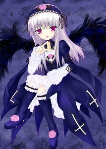 Rating: Safe Score: 0 Tags: 1girl black_wings boots dress flower frills hairband image lolita_hairband long_hair long_sleeves looking_at_viewer open_mouth pink_eyes pink_flower rose silver_hair sitting smile solo suigintou thighhighs wings User: admin