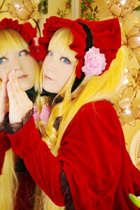 Rating: Safe Score: 0 Tags: 1girl bangs blonde_hair blue_eyes bonnet dual_persona flower holding_hands lace lips long_hair looking_at_viewer multiple_girls rose shinku solo User: admin