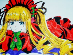 Rating: Safe Score: 0 Tags: 1girl bangs blonde_hair blue_eyes bonnet bow bowtie chin_rest closed_mouth dress drill_hair green_bow hands_on_own_cheeks hands_on_own_face hat image long_hair long_sleeves looking_at_viewer marker_(medium) shinku simple_background smile solo traditional_media User: admin