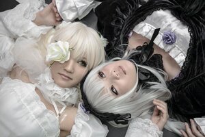 Rating: Safe Score: 0 Tags: 2girls choker detached_collar flower hairband lace lips lolita_fashion looking_at_viewer multiple_cosplay multiple_girls realistic rose suigintou tagme white_hair User: admin