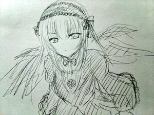 Rating: Safe Score: 0 Tags: 1girl bangs closed_mouth dress eyebrows_visible_through_hair fairy_wings frills hairband image lolita_hairband long_sleeves looking_at_viewer monochrome solo suigintou traditional_media upper_body wings User: admin