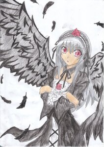 Rating: Safe Score: 0 Tags: 1girl bird black_dress black_feathers black_wings cross-laced_clothes detached_collar dress feathers flower frills hairband image long_hair long_sleeves looking_at_viewer pink_eyes ribbon rose silver_hair solo suigintou traditional_media wings User: admin