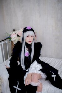 Rating: Safe Score: 0 Tags: 1girl bangs black_dress dress flower gothic_lolita kneehighs lips long_hair long_sleeves looking_at_viewer red_eyes sitting solo suigintou User: admin