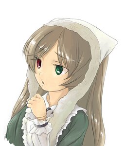 Rating: Safe Score: 0 Tags: 1girl brown_hair dress frills green_dress green_eyes head_scarf heterochromia image long_hair long_sleeves red_eyes simple_background solo striped striped_background suiseiseki upper_body vertical_stripes white_background User: admin