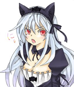 Rating: Safe Score: 3 Tags: 1girl animal_ears cat_ears detached_collar dress fang flower gothic_lolita hairband image lolita_fashion lolita_hairband long_hair long_sleeves looking_at_viewer open_mouth red_eyes rose silver_hair solo suigintou upper_body white_background User: admin