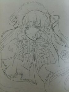 Rating: Safe Score: 0 Tags: 1girl dress flower frills image long_hair long_sleeves monochrome rose shinku sketch solo traditional_media User: admin