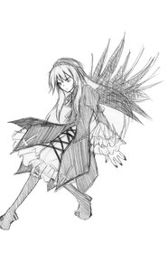 Rating: Safe Score: 0 Tags: 1girl auto_tagged boots dress feathered_wings frills full_body greyscale image long_hair long_sleeves monochrome simple_background solo standing striped suigintou white_background wings User: admin