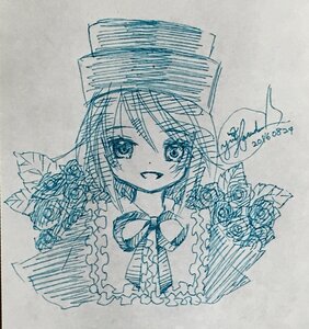 Rating: Safe Score: 0 Tags: 1girl :d blush bouquet dated eyebrows_visible_through_hair flower hat image looking_at_viewer open_mouth photo rose short_hair signature smile solo souseiseki traditional_media User: admin