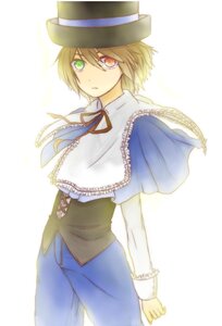 Rating: Safe Score: 0 Tags: 1boy black_capelet blonde_hair capelet green_eyes hat heterochromia image long_sleeves looking_at_viewer pants red_eyes ribbon solo souseiseki top_hat white_background User: admin