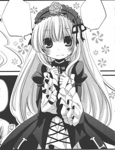 Rating: Safe Score: 0 Tags: 1girl blush comic dress floral_background frills greyscale hairband image long_hair long_sleeves looking_at_viewer monochrome solo suigintou wings User: admin