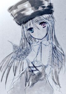 Rating: Safe Score: 0 Tags: 1girl bangs costume_switch dress eyebrows_visible_through_hair hair_between_eyes hat image long_hair long_sleeves looking_at_viewer monochrome rain sketch solo traditional_media upper_body User: admin