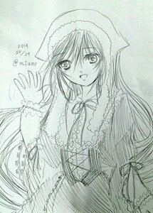 Rating: Safe Score: 0 Tags: 1girl :d dated dress eyebrows_visible_through_hair frills image long_hair long_sleeves looking_at_viewer monochrome open_mouth smile solo suiseiseki traditional_media very_long_hair User: admin