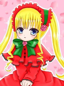 Rating: Safe Score: 0 Tags: 1girl :o blonde_hair blue_eyes blush bow bowtie capelet dress flower green_bow green_neckwear image long_hair long_sleeves looking_at_viewer pink_background pink_flower pink_rose red_dress rose shinku solo twintails User: admin
