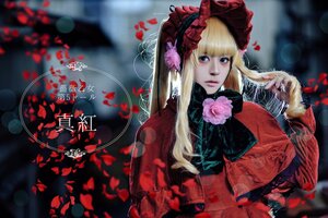 Rating: Safe Score: 0 Tags: 1girl blonde_hair blue_eyes blurry bonnet bow depth_of_field dress flower heart long_hair petals red_dress rose shinku solo User: admin