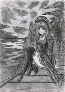 Rating: Safe Score: 0 Tags: 1girl auto_tagged breasts dress frills graphite_(medium) greyscale hairband image long_sleeves looking_at_viewer monochrome sitting solo suigintou traditional_media wings User: admin