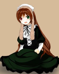 Rating: Safe Score: 0 Tags: 1girl blush brown_hair dress frills green_dress green_eyes head_scarf heterochromia image long_hair long_sleeves looking_at_viewer open_mouth red_eyes simple_background sitting solo suiseiseki very_long_hair User: admin