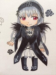 Rating: Safe Score: 0 Tags: 1girl bangs black_dress closed_mouth dress frills hairband image juliet_sleeves long_hair long_sleeves looking_at_viewer red_eyes silver_hair smile solo standing suigintou traditional_media wings User: admin