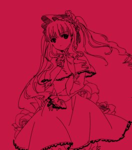 Rating: Safe Score: 0 Tags: 1girl bow capelet dress flower frills hairband image lolita_fashion long_hair monochrome red_background red_theme rose shinku simple_background solo User: admin