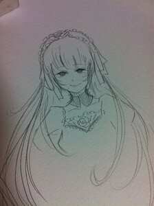 Rating: Safe Score: 0 Tags: 1girl dress hairband image lolita_hairband long_hair looking_at_viewer monochrome sketch smile solo suigintou traditional_media upper_body very_long_hair User: admin