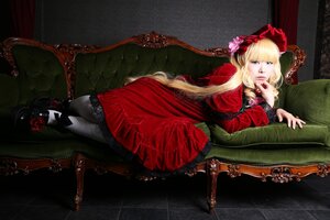 Rating: Safe Score: 0 Tags: 1girl blonde_hair blue_eyes chair couch dress flower long_hair lying on_side red_dress red_flower red_rose rose shinku solo User: admin