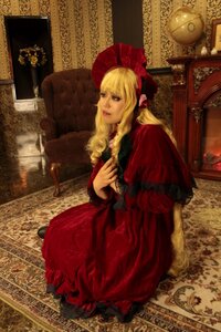 Rating: Safe Score: 0 Tags: 1girl blonde_hair bonnet capelet dress indoors lace red_dress shinku sitting solo twintails User: admin