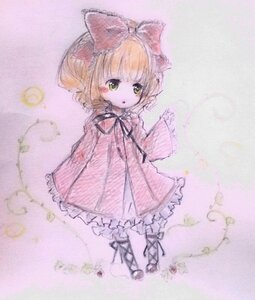 Rating: Safe Score: 0 Tags: 1girl blonde_hair bow dress flower full_body green_eyes hair_bow hina_ichigo hinaichigo image long_sleeves looking_at_viewer pink_dress purple_background short_hair solo traditional_media underwear watercolor_(medium) User: admin