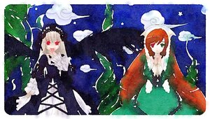 Rating: Safe Score: 0 Tags: 2girls brown_hair cloud dress flower frills hairband image long_hair long_sleeves multiple_girls pair red_eyes rose sky suigintou suiseiseki User: admin