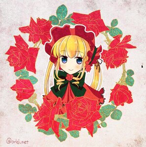 Rating: Safe Score: 0 Tags: 1girl bangs blonde_hair blue_eyes blush bonnet bow bowtie capelet dress flower green_bow hat image long_hair looking_at_viewer pink_rose red_capelet red_flower red_rose rose shinku sidelocks smile solo traditional_media twintails User: admin