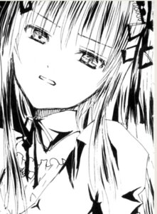 Rating: Safe Score: 0 Tags: 1girl blush eyebrows_visible_through_hair greyscale image looking_at_viewer monochrome ribbon simple_background solo suigintou User: admin