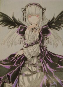 Rating: Safe Score: 0 Tags: 1girl black_ribbon black_wings dress feathers flower frills hairband image long_hair long_sleeves looking_at_viewer pink_eyes puffy_sleeves red_eyes ribbon rose simple_background solo suigintou traditional_media wings User: admin