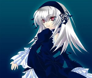 Rating: Safe Score: 0 Tags: 1girl blue_background dress frills hairband image long_hair long_sleeves looking_at_viewer looking_back parted_lips pink_eyes puffy_sleeves simple_background solo suigintou wings User: admin