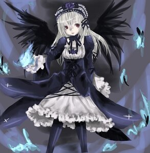 Rating: Safe Score: 0 Tags: 1girl black_wings dress feathers flower frills hairband image long_hair long_sleeves looking_at_viewer red_eyes ribbon rose silver_hair solo suigintou wings User: admin