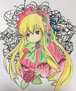 Rating: Safe Score: 0 Tags: 1girl blonde_hair blue_eyes bonnet bow bowtie dress expressionless flower image long_hair long_sleeves looking_at_viewer marker_(medium) pink_flower pink_rose red_flower red_rose rose shinku simple_background solo traditional_media upper_body User: admin