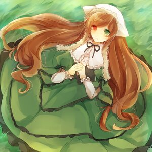 Rating: Safe Score: 0 Tags: 1girl brown_hair dress frills green_dress green_eyes heterochromia image long_hair long_sleeves looking_at_viewer red_eyes ribbon solo suiseiseki very_long_hair User: admin