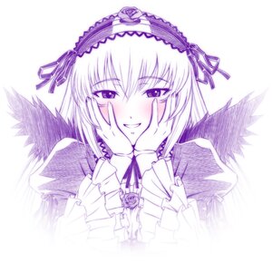 Rating: Safe Score: 0 Tags: 1girl black_wings blush commentary_request dress frilled_sleeves frills hairband hands_on_own_cheeks hands_on_own_face ichikawa_masahiro image long_sleeves looking_at_viewer monochrome puffy_sleeves purple_theme rozen_maiden smile solo suigintou wings User: admin