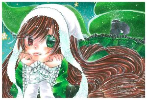 Rating: Safe Score: 0 Tags: 1girl bangs blush brown_hair dress frills green_dress green_eyes hat heterochromia image long_hair long_sleeves looking_at_viewer red_eyes solo suiseiseki traditional_media watercolor_(medium) User: admin