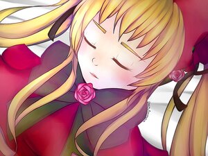 Rating: Safe Score: 0 Tags: 1girl blonde_hair blush closed_eyes flower hair_ribbon image long_hair lying on_back pink_rose ribbon rose shinku solo twintails User: admin