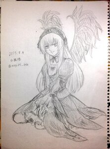 Rating: Safe Score: 0 Tags: 1girl choker dress flower frills greyscale hairband image juliet_sleeves long_hair long_sleeves looking_at_viewer monochrome puffy_sleeves simple_background smile solo suigintou traditional_media wings User: admin