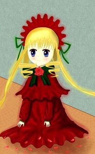 Rating: Safe Score: 0 Tags: 1girl blonde_hair blue_eyes blush bonnet bow bowtie capelet dress flower green_bow image long_hair long_sleeves looking_at_viewer red_capelet red_dress red_flower rose shinku sidelocks sitting smile solo twintails very_long_hair User: admin