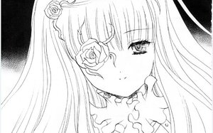 Rating: Safe Score: 0 Tags: 1girl flower frills image kirakishou long_hair looking_at_viewer monochrome rose simple_background solo User: admin