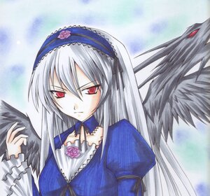 Rating: Safe Score: 0 Tags: 1girl black_wings detached_collar dress flower frilled_sleeves frills hairband image long_hair long_sleeves looking_at_viewer puffy_sleeves red_eyes ribbon rose silver_hair solo suigintou upper_body wings User: admin