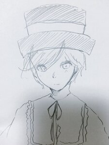 Rating: Safe Score: 0 Tags: 1girl blue_theme closed_mouth greyscale hat image looking_at_viewer monochrome ribbon short_hair sketch solo souseiseki traditional_media upper_body User: admin