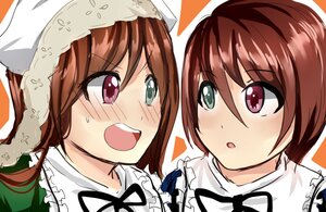 Rating: Safe Score: 0 Tags: 2girls :d blush brown_hair frills green_eyes head_scarf heterochromia image long_hair multiple_girls open_mouth pair red_eyes ribbon short_hair siblings sisters souseiseki suiseiseki twins User: admin