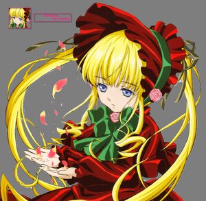 Rating: Safe Score: 0 Tags: 1girl blonde_hair blue_eyes bonnet bow bowtie dress flower green_bow green_neckwear image long_hair long_sleeves looking_at_viewer petals pink_flower pink_rose red_dress rose shinku solo twintails upper_body very_long_hair yellow_background User: admin