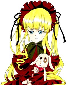 Rating: Safe Score: 0 Tags: 1girl blonde_hair blue_eyes blush bow dress image long_hair long_sleeves red_dress shinku simple_background solo twintails very_long_hair white_background User: admin