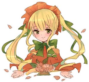 Rating: Safe Score: 0 Tags: 1girl blonde_hair blush bonnet bow bowtie dress flower green_bow green_eyes hair_ribbon image long_hair long_sleeves looking_at_viewer petals ribbon rose rose_petals shinku sidelocks simple_background smile solo striped upper_body white_background User: admin